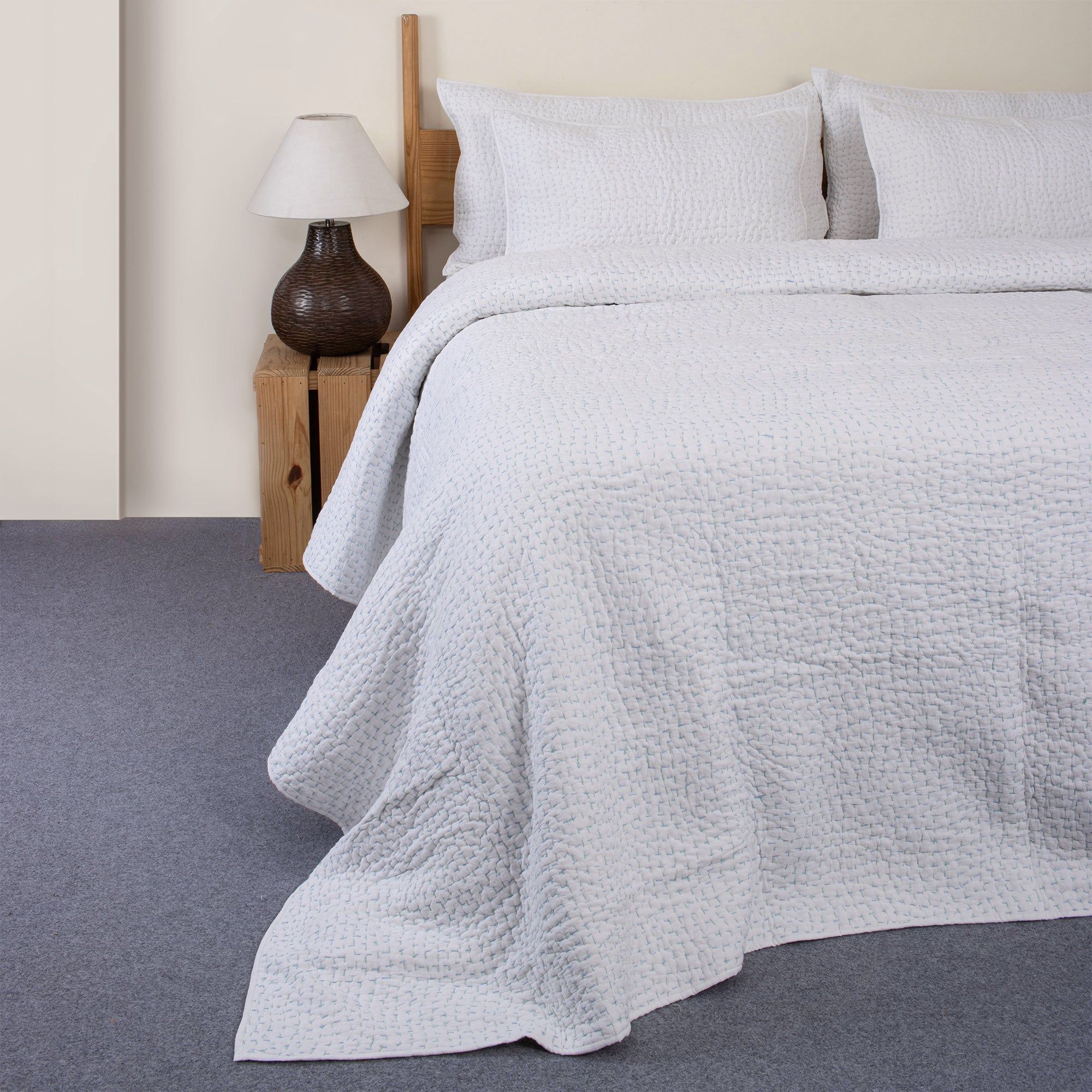 White Solid Cotton Kantha Quilt Double Bed & Single